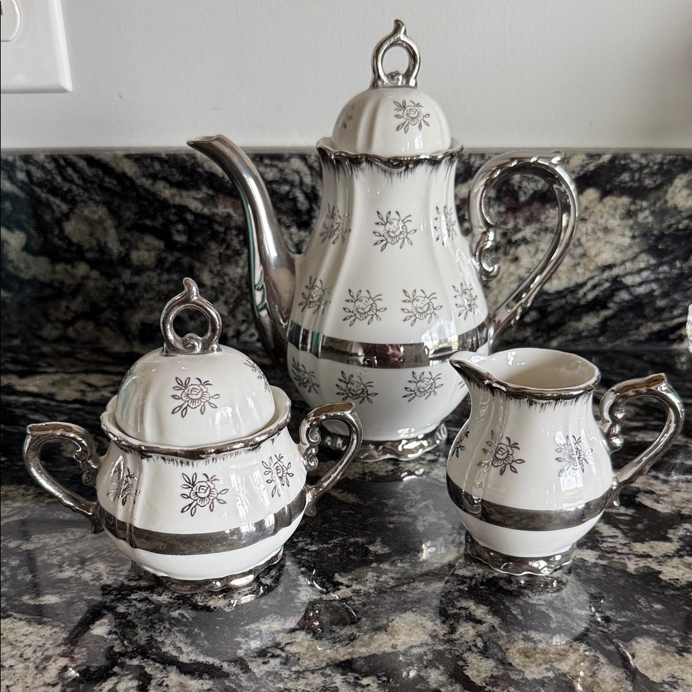 Chic Silver and White Floral Teapot